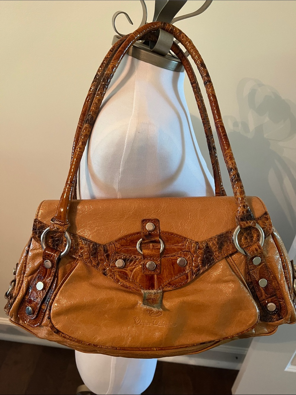 Vintage Leather Cognac Brown Shoulder Bag Made in Italy Walter Valentino Buckles